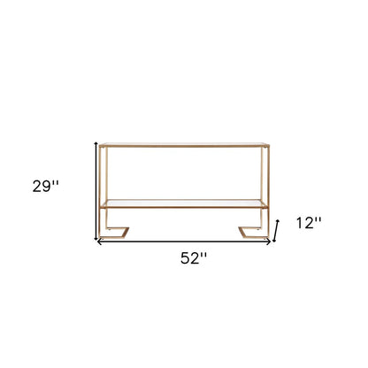 52" Clear and Gold Mirrored Glass and Metal Sled Console Table With Shelf
