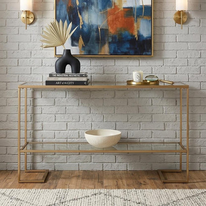52" Clear and Gold Mirrored Glass and Metal Sled Console Table With Shelf