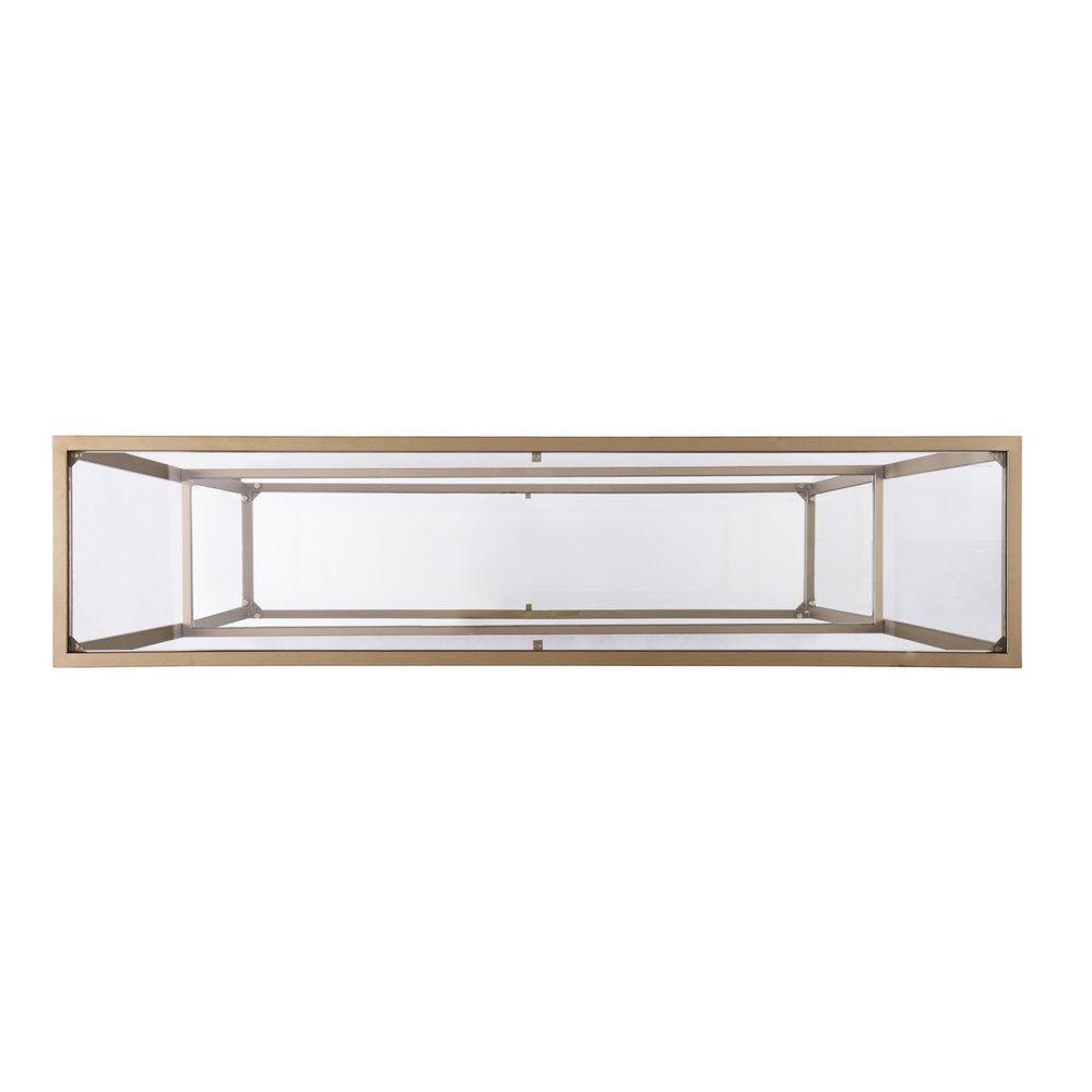52" Clear and Gold Mirrored Glass and Metal Sled Console Table With Shelf