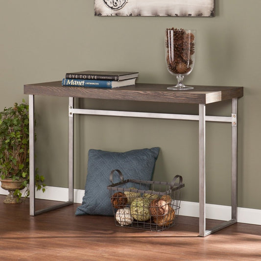 46" Gray Brown and Silver Distressed Sled Console Table