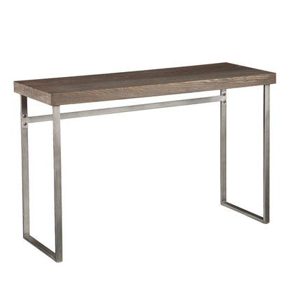 46" Gray Brown and Silver Wood and Metal Distressed Sled Console Table