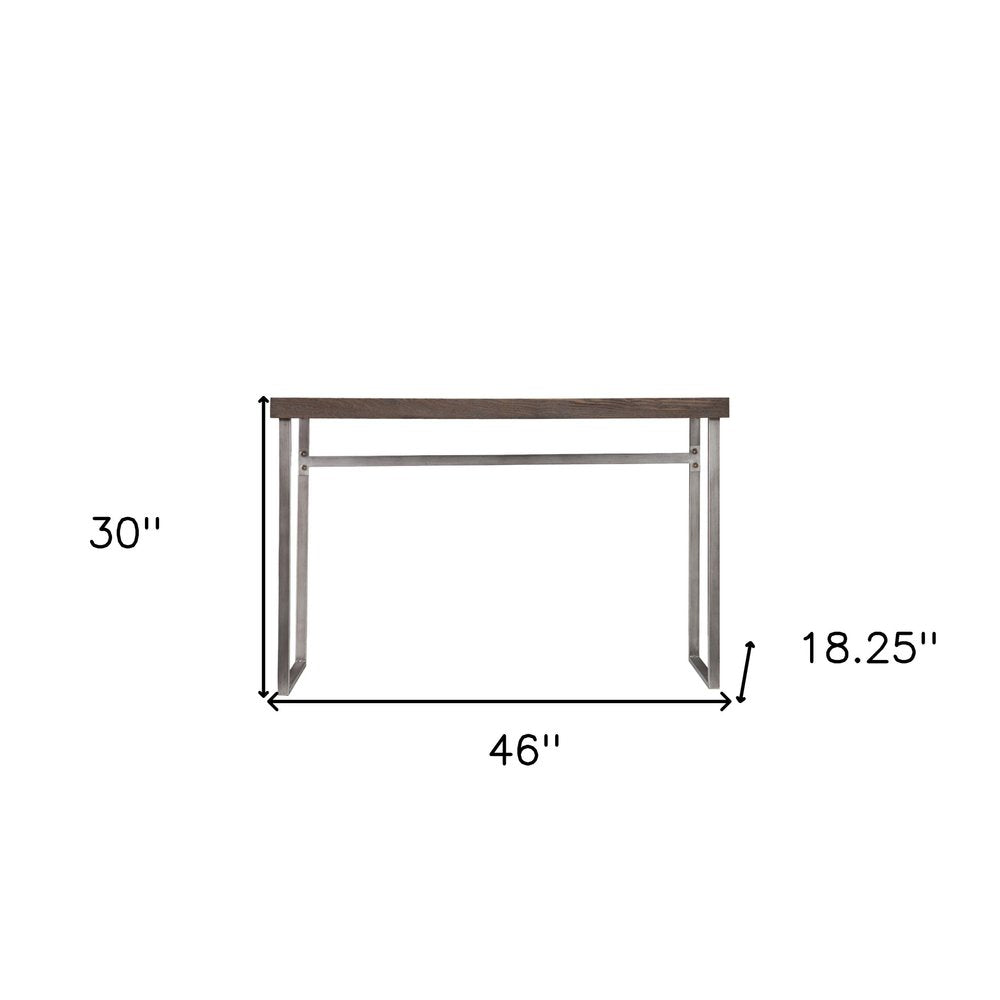 46" Gray Brown and Silver Wood and Metal Distressed Sled Console Table