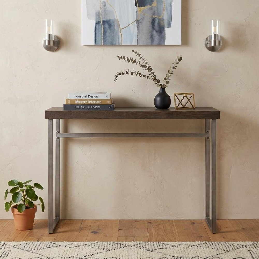 46" Gray Brown and Silver Wood and Metal Distressed Sled Console Table