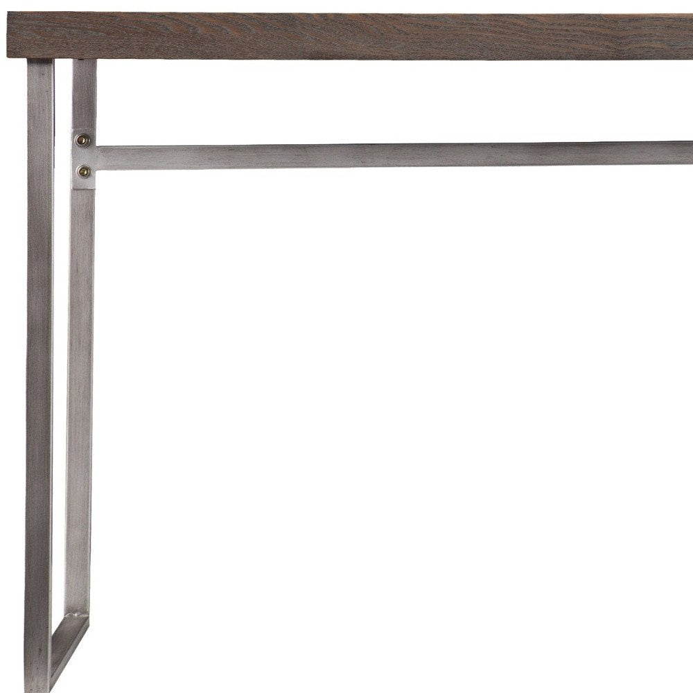 46" Gray Brown and Silver Wood and Metal Distressed Sled Console Table