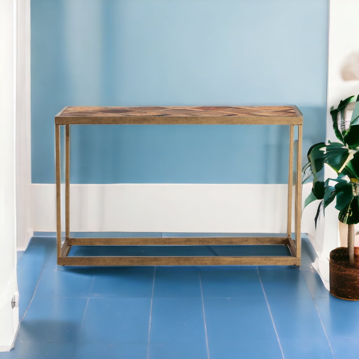 48" Natural and Brass Reclaimed Wood Frame Console Table