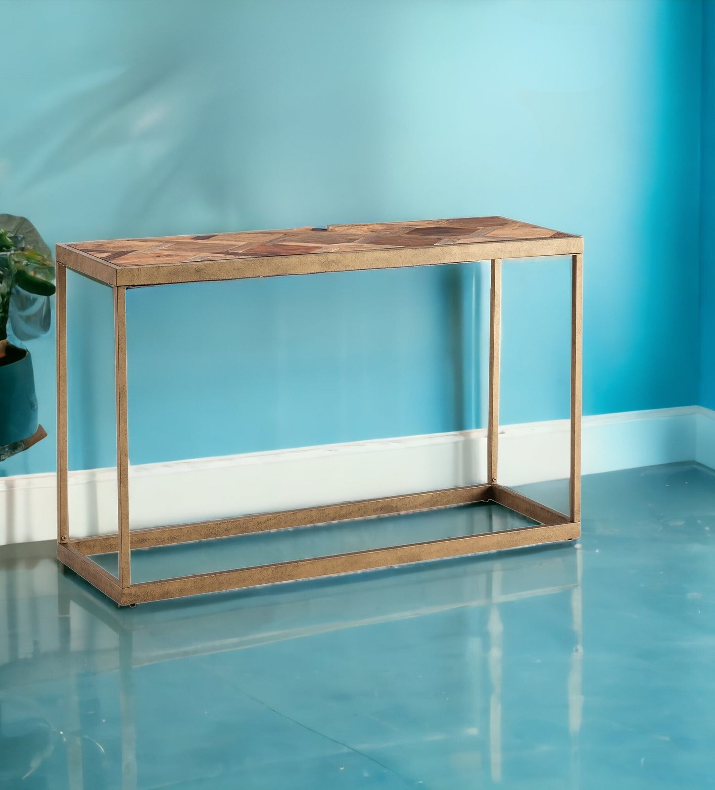 48" Natural and Brass Reclaimed Wood Frame Console Table