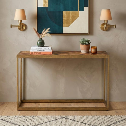 48" Natural and Brass Solid Wood and Iron Frame Console Table