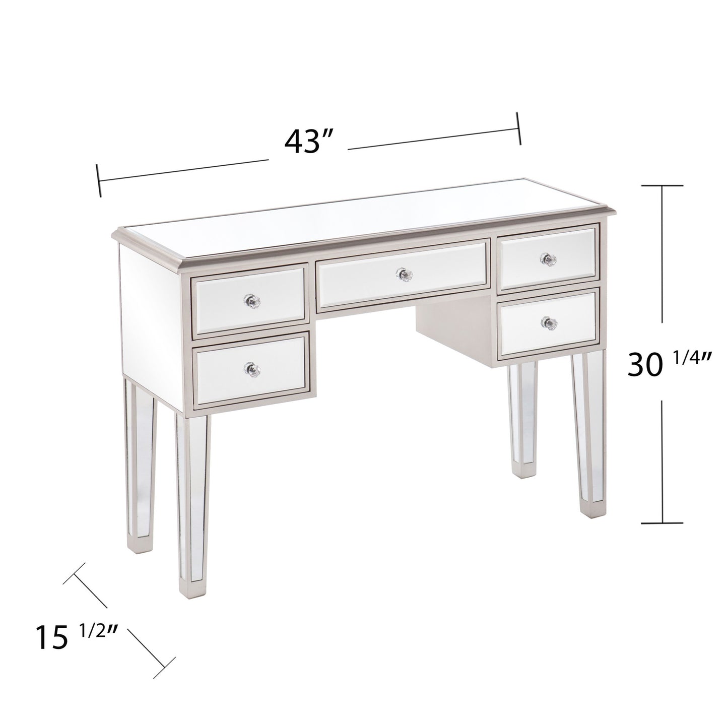 43" Silver Mirrored Glass Console Table And Drawers