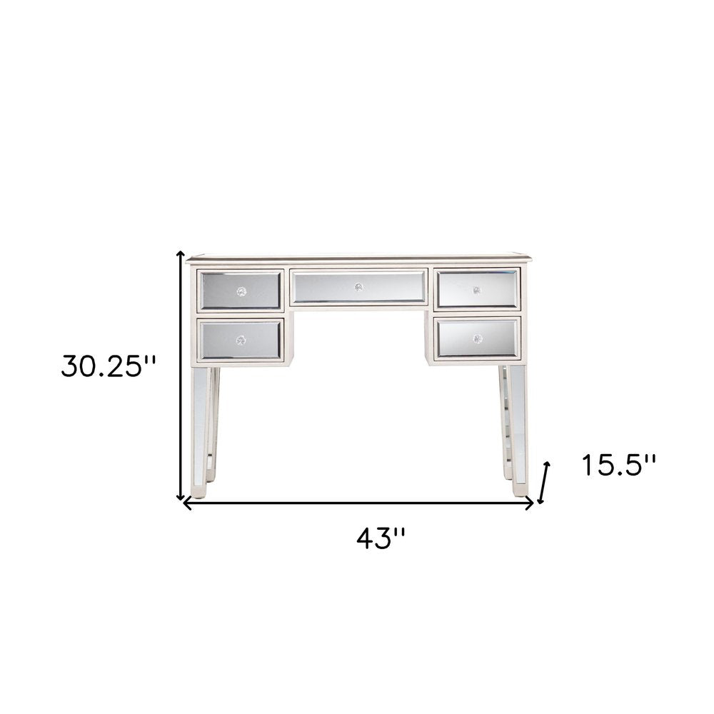 43" Silver Mirrored Glass and Solid Wood Console Table With Five Drawers