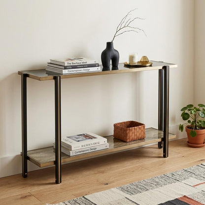 50" Smoky Black and Champagne Mirrored Glass Console Table With Shelf