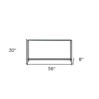 56" Silver and Gunmetal Mirrored Glass and Metal Console Table