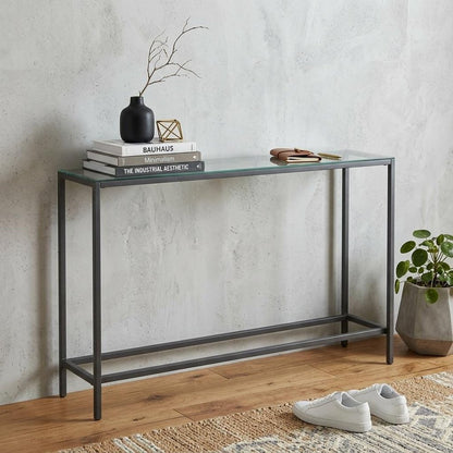 56" Silver and Gunmetal Mirrored Glass and Metal Console Table