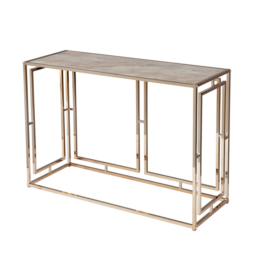 44" Champagne and Gold Faux Marble and Metal Frame Console Table