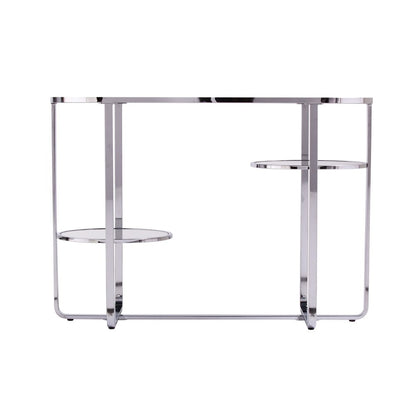 42" Silver Mirrored Glass and Iron Oval Cross Leg Console Table With Two Shelves