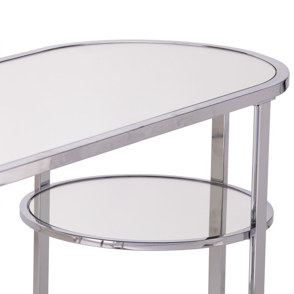 42" Silver Mirrored Glass and Iron Oval Cross Leg Console Table With Two Shelves