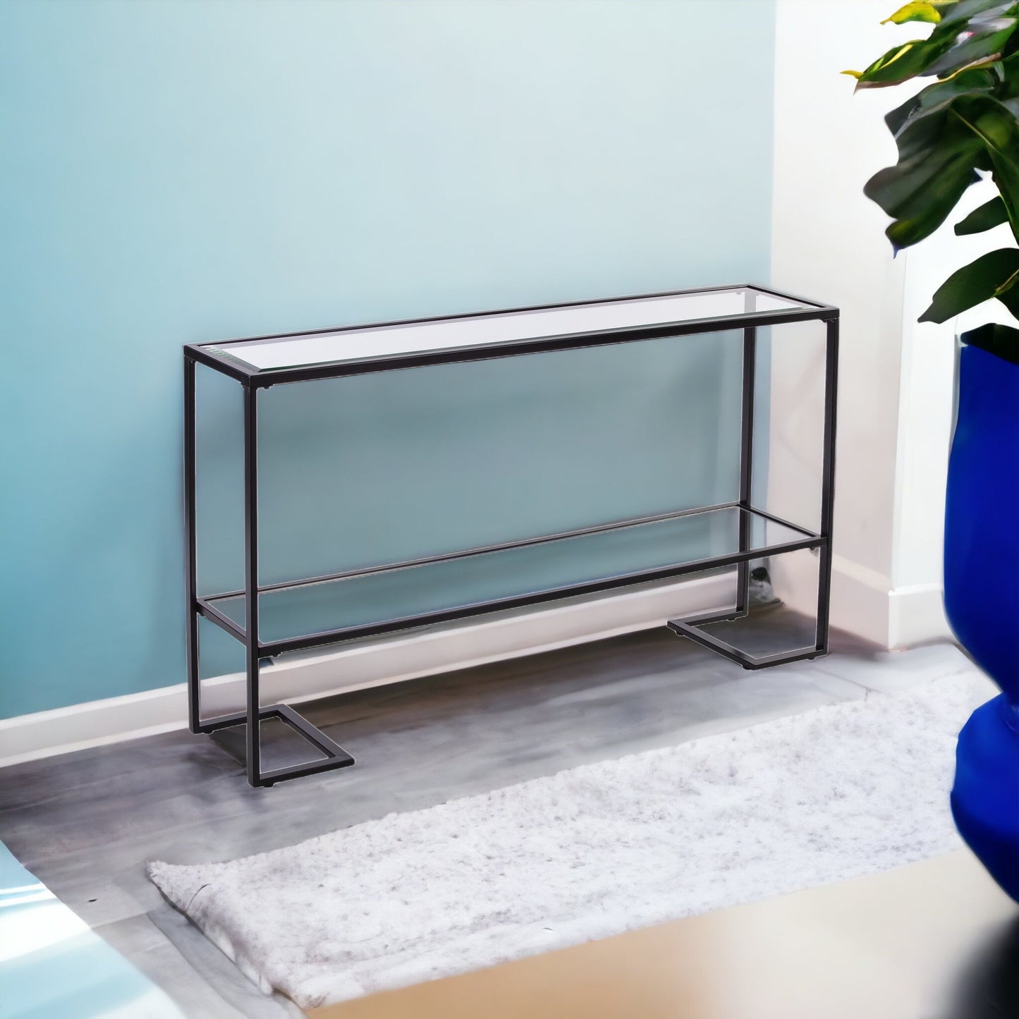 52" Clear and Black Glass Mirrored Sled Console Table With Shelves