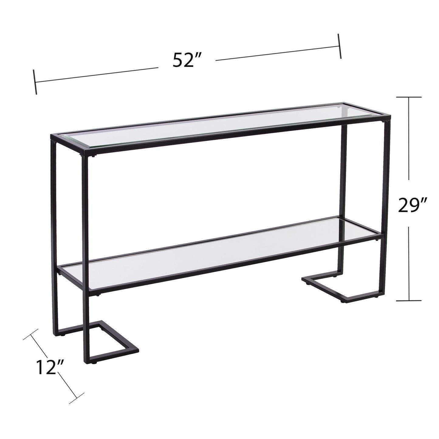 52" Clear and Black Glass Mirrored Sled Console Table With Shelves