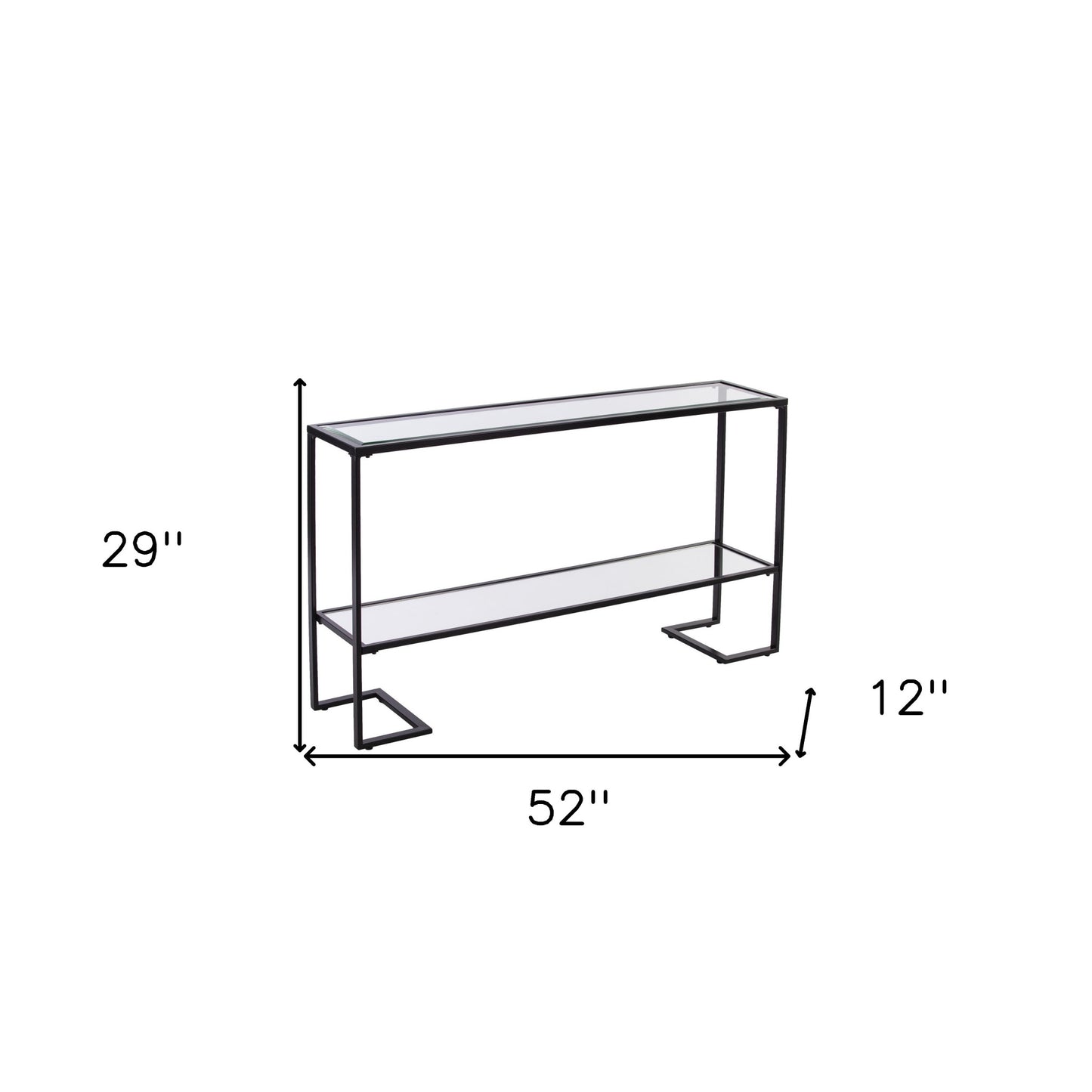 52" Clear and Black Glass Mirrored Sled Console Table With Shelves