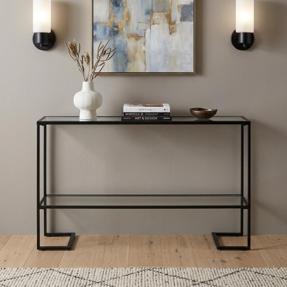 52" Clear and Black Glass Mirrored Sled Console Table With Shelves