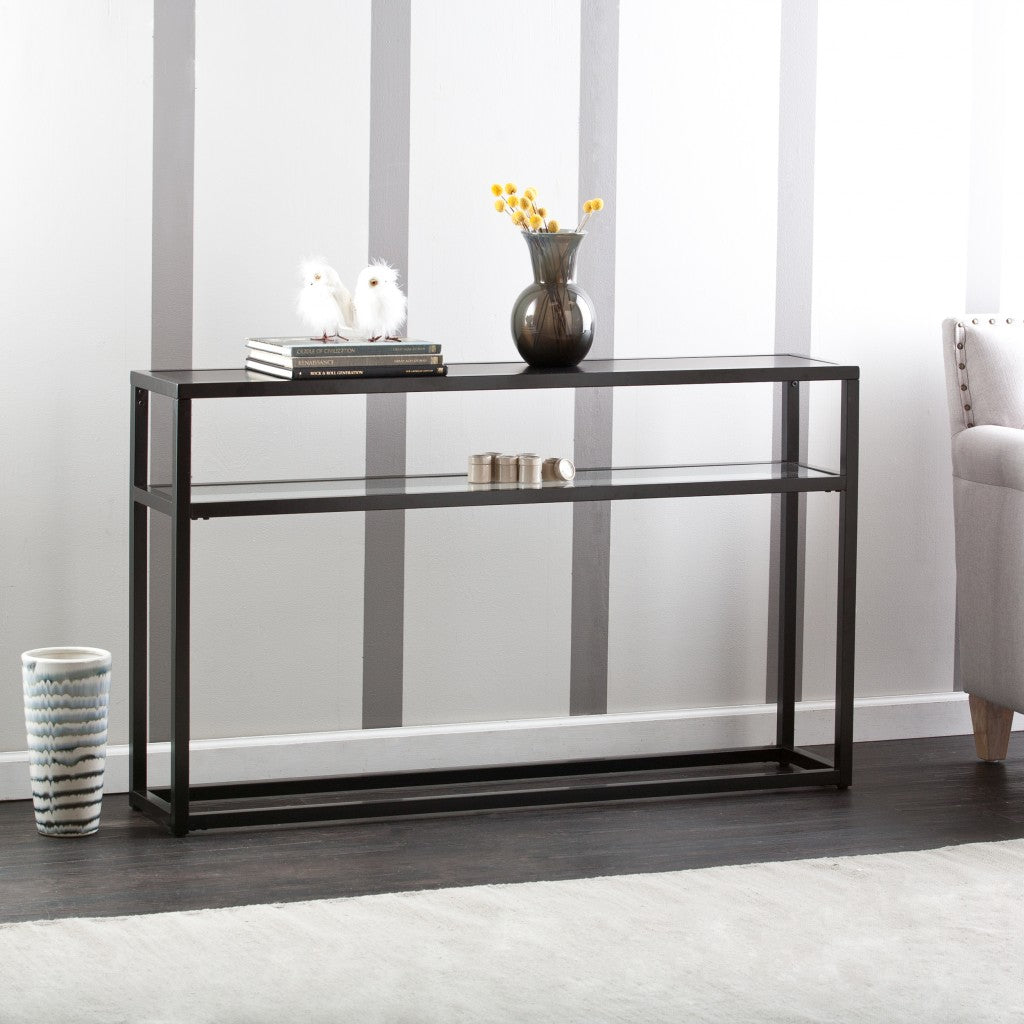 50" Black Glass Frame Console Table With Shelves