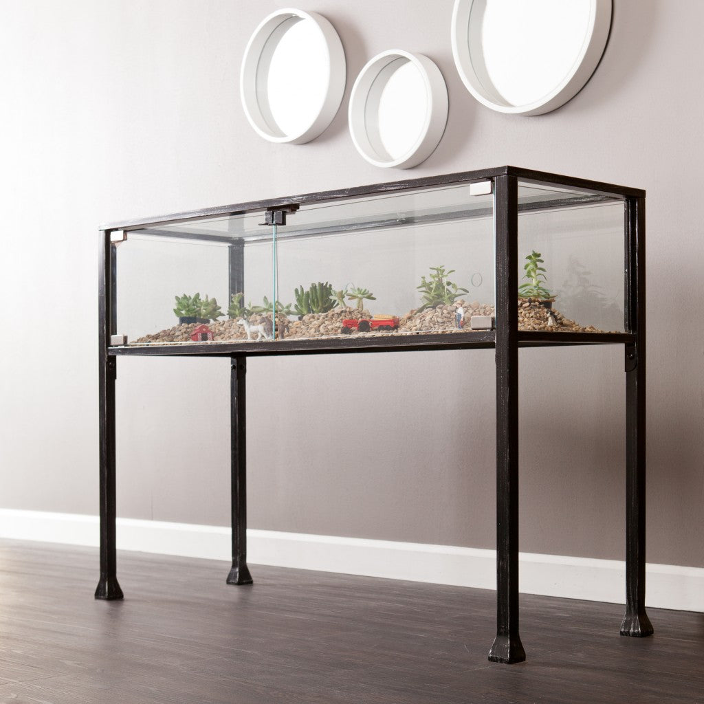 43" Clear and Black Glass Distressed Console Table With Storage