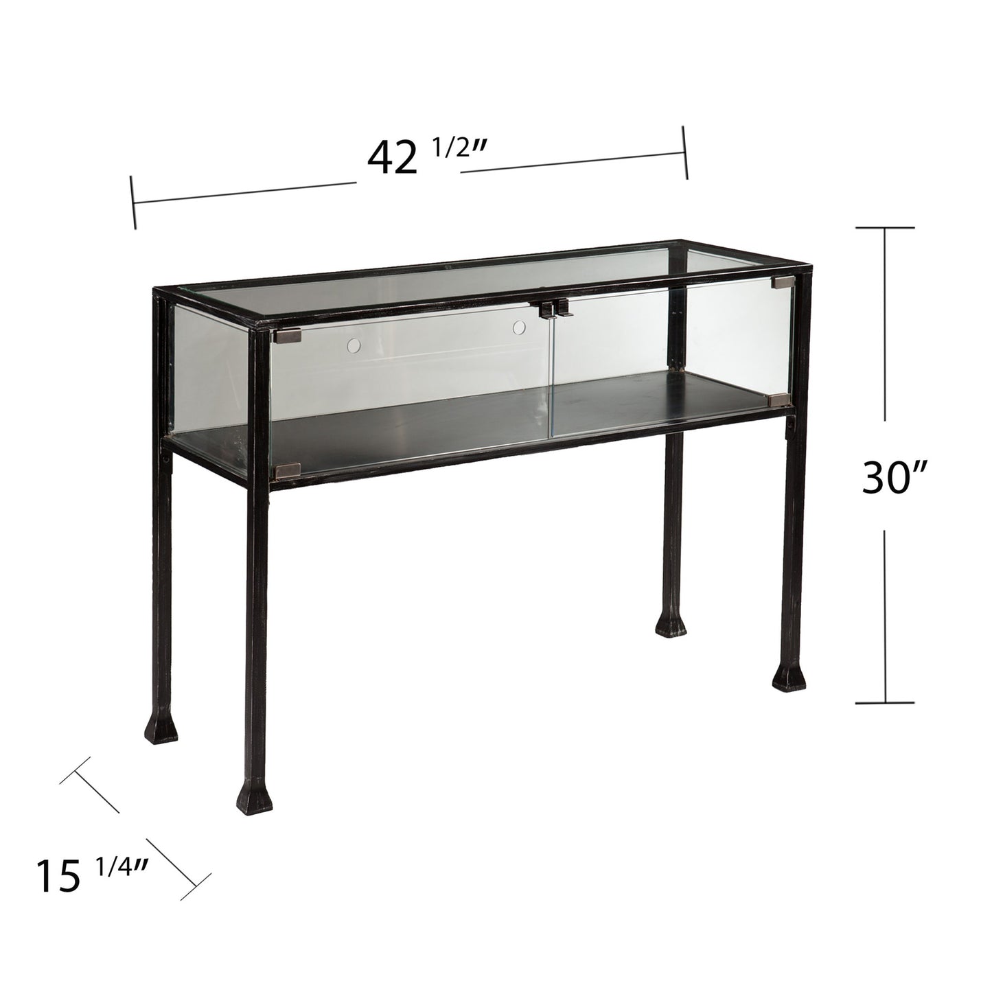 43" Clear and Black Glass Distressed Console Table With Storage