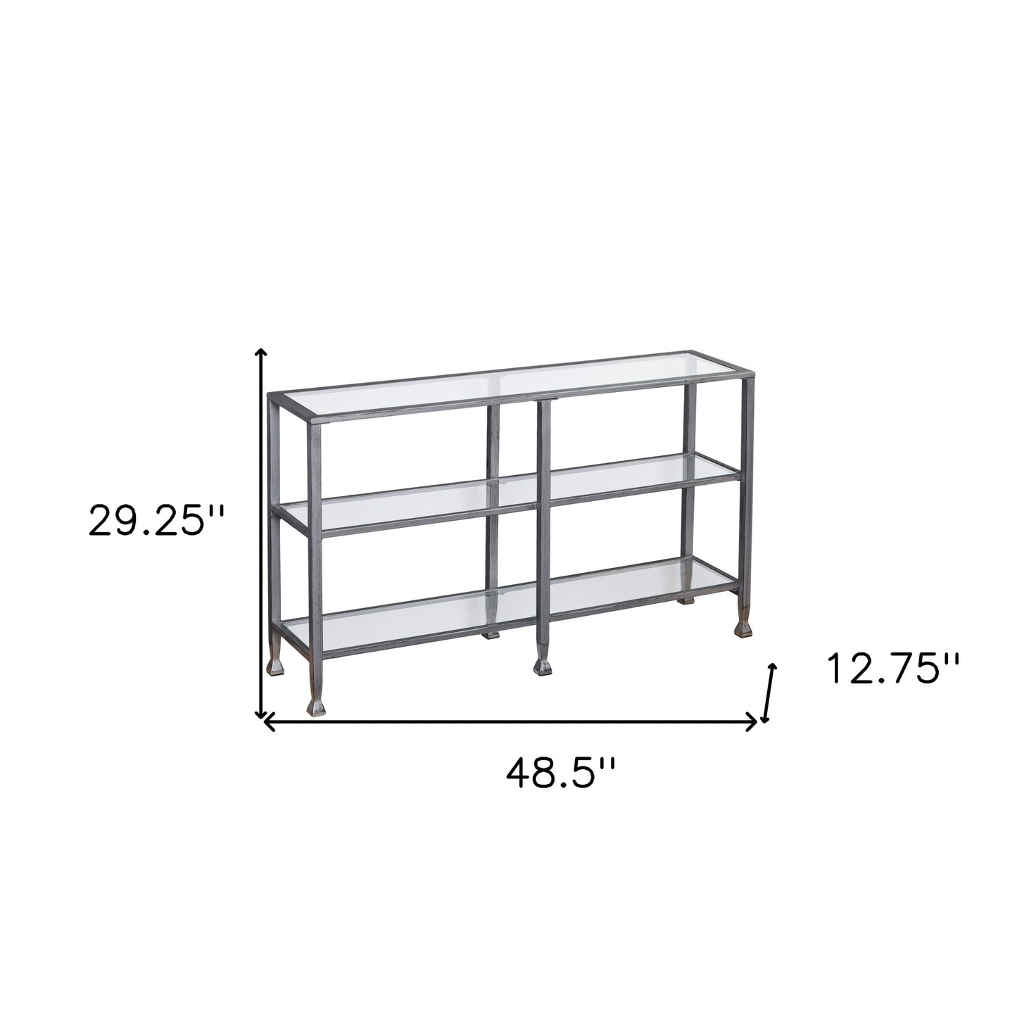 49" Clear and Silver Glass Distressed Frame Console Table With Shelves