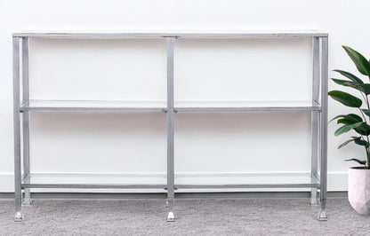 49" Clear and Silver Glass Distressed Frame Console Table With Shelves