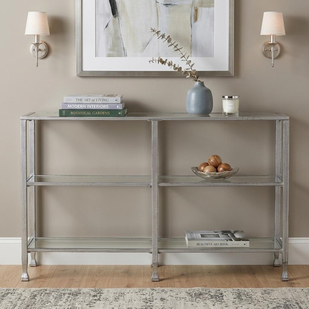 49" Clear and Silver Glass Distressed Frame Console Table With Shelves