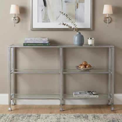 49" Clear and Silver Glass Distressed Frame Console Table With Shelves