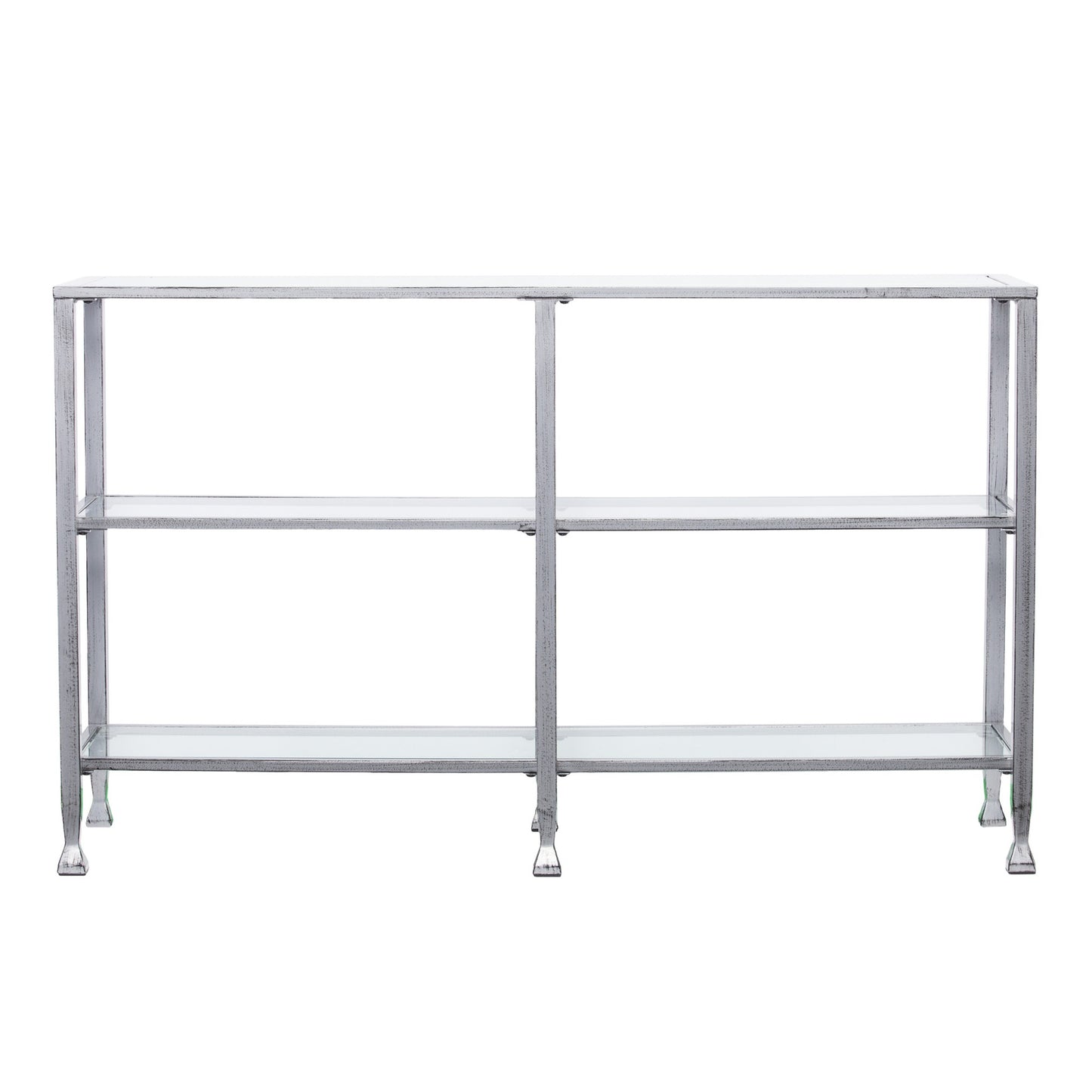 49" Clear and Silver Glass Distressed Frame Console Table With Shelves