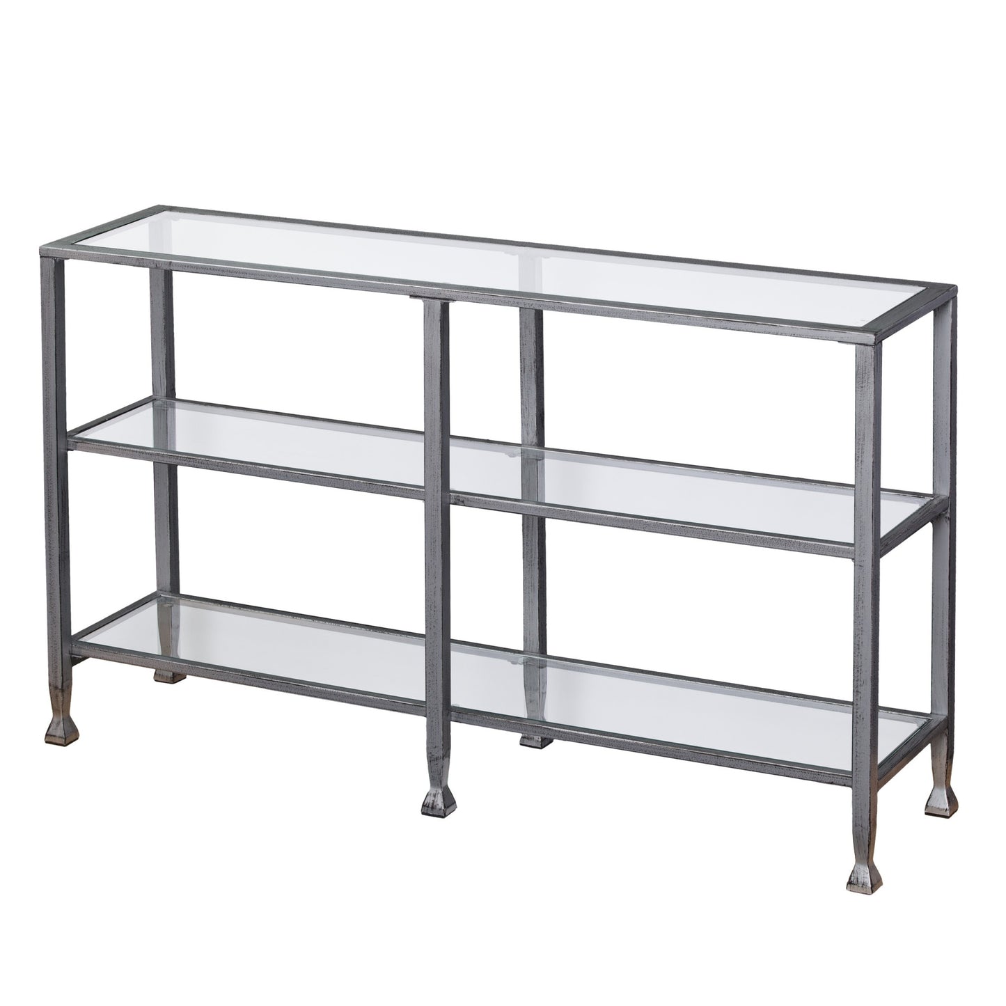 49" Clear and Silver Glass Distressed Frame Console Table With Shelves