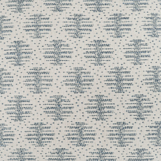 Soft ivory fabric with repeating blue geometric lattice pattern; woven texture, ideal for curtains or upholstery.