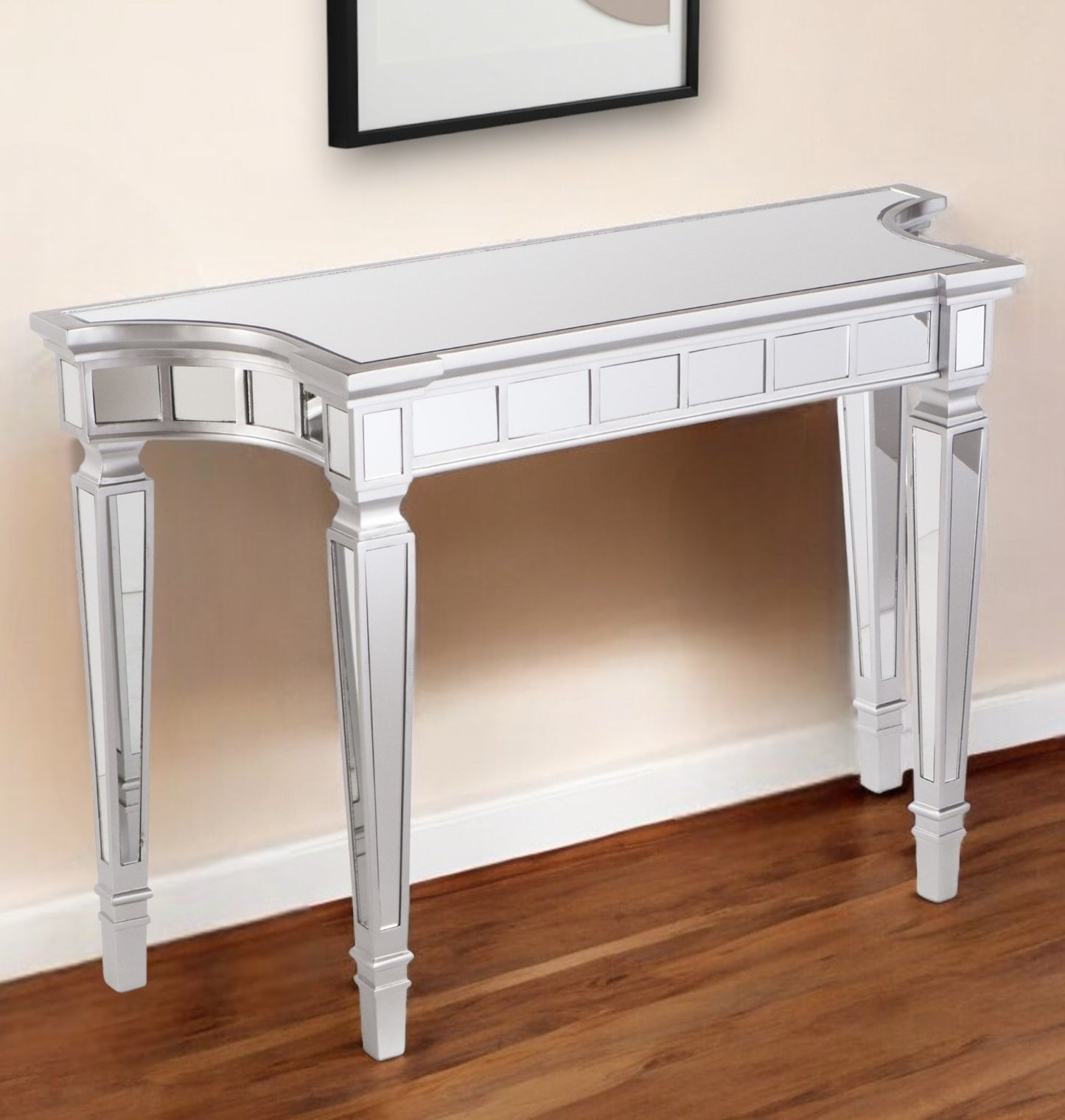 45" Silver Mirrored Glass Free Form Console Table