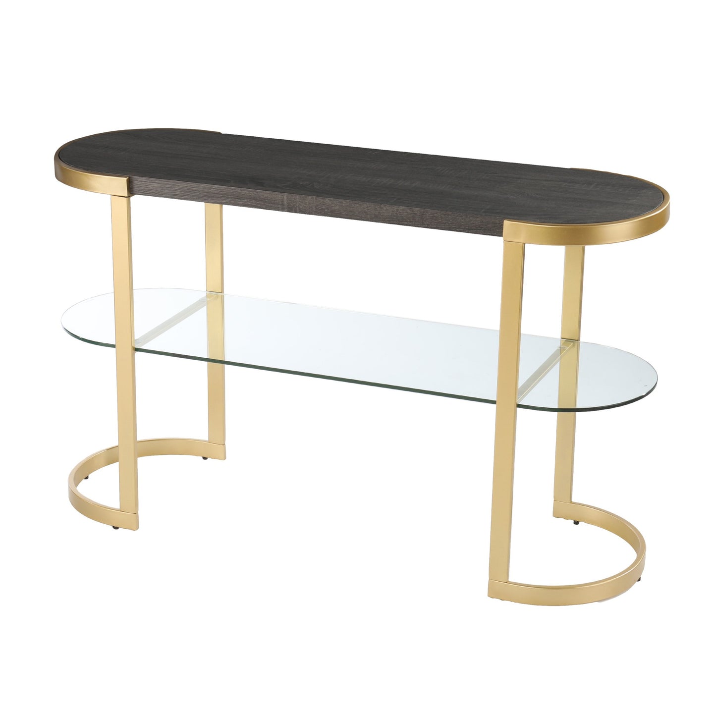 49" Gray and Gold Solid Wood Oval Sled Console Table With Storage