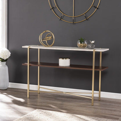 47" White Brass and Brown Faux Marble Console Table With Shelf