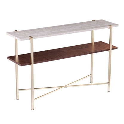47" White Brass and Brown Faux Marble Console Table With Shelf