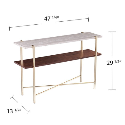 47" White Brass and Brown Faux Marble Console Table With Shelf