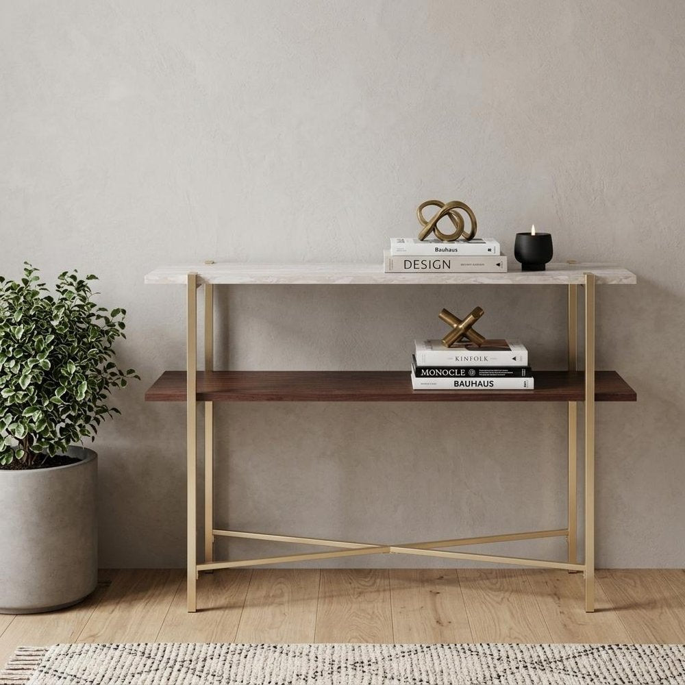 47" White Brass and Brown Faux Marble Console Table With Shelf
