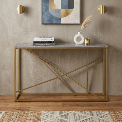 52" Gray and Gold Faux Marble and Metal A Frame Console Table