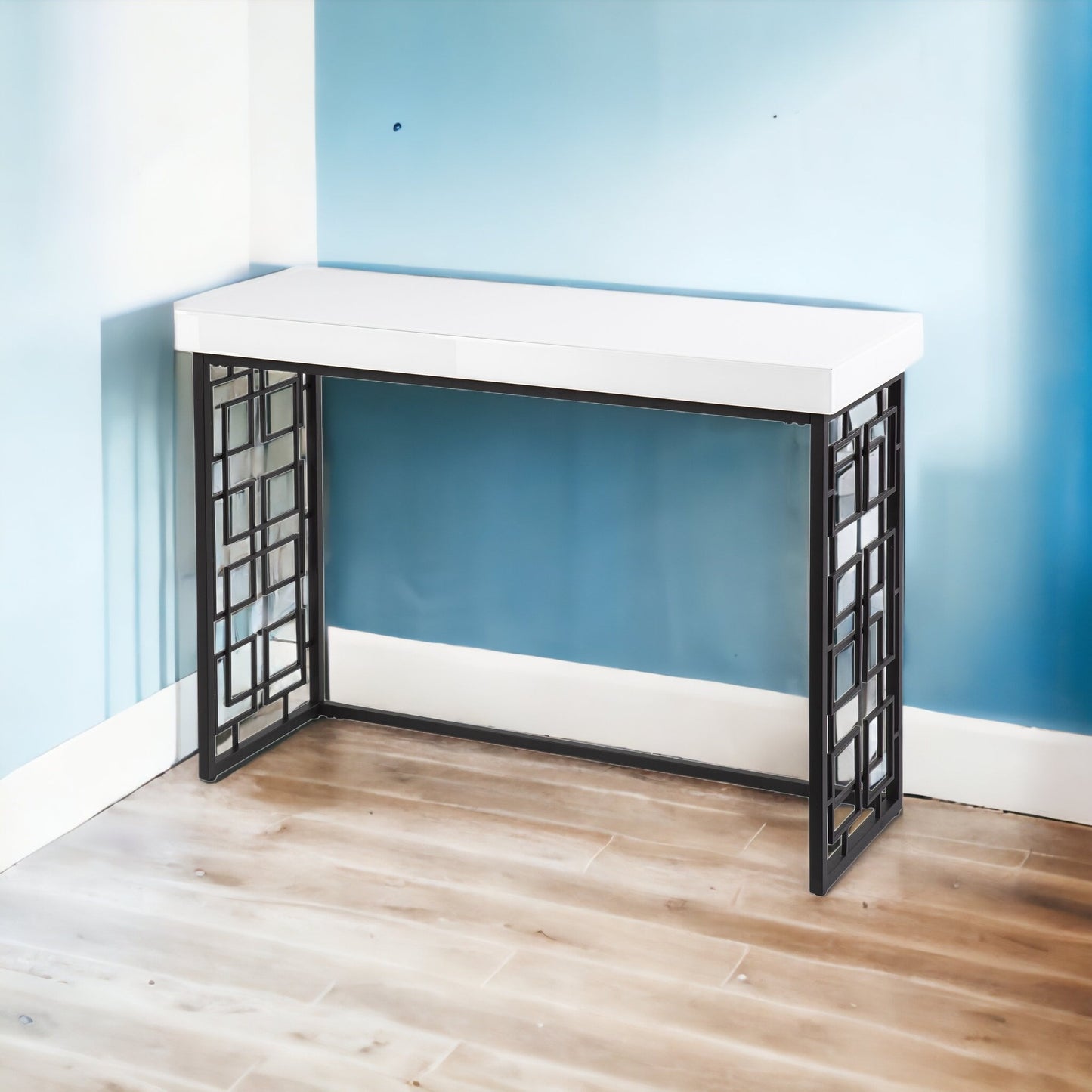 42" White and Black Glass Sled Console Table