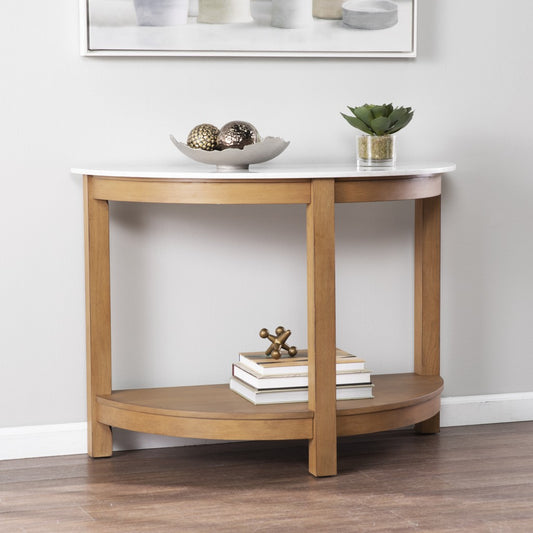 42" White and Natural Faux Marble Half Circle Three Leg Console Table With Storage