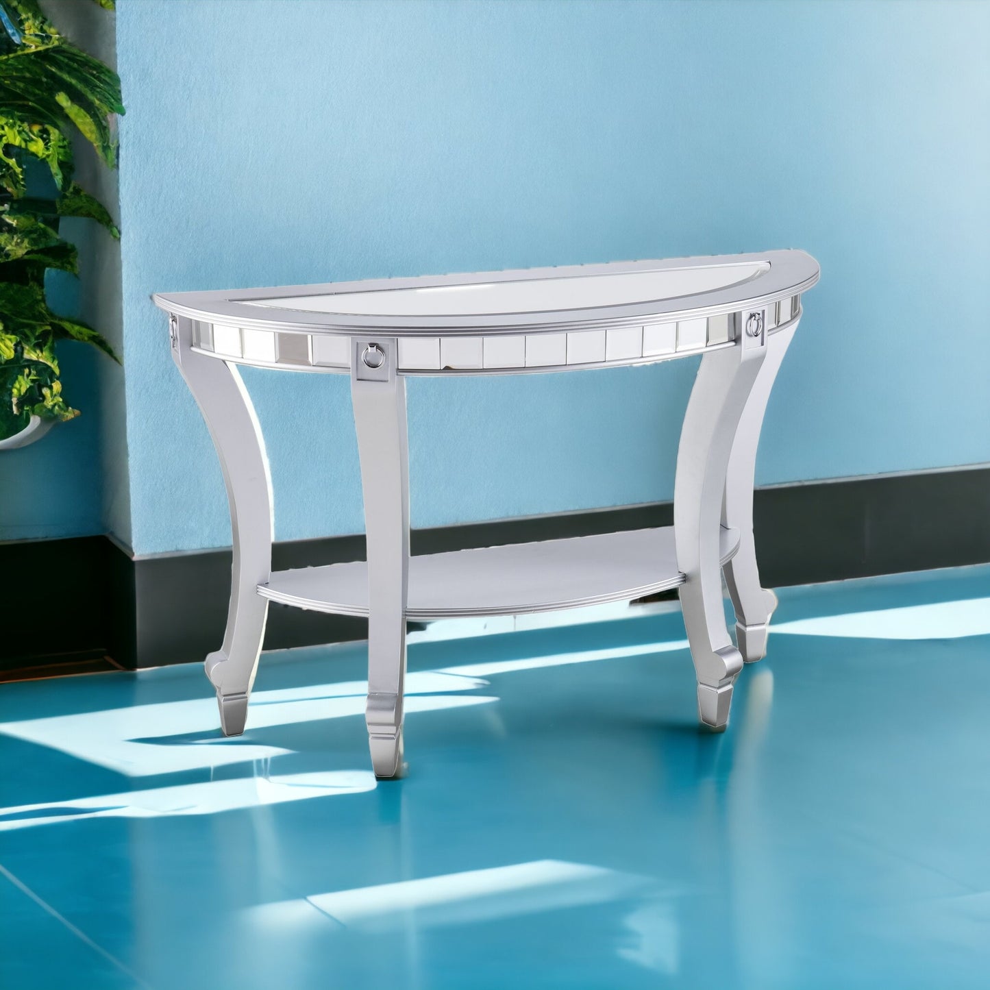 46" Silver Mirrored Glass Half Circle Console Table With Storage