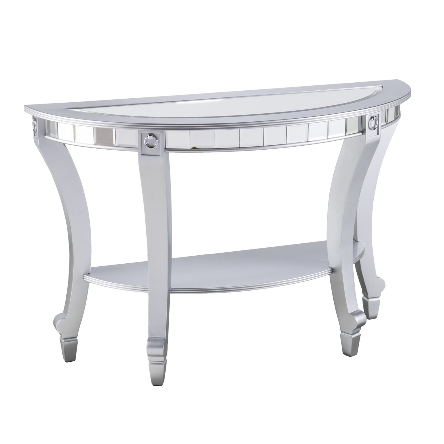 46" Silver Mirrored Glass Half Circle Console Table With Storage