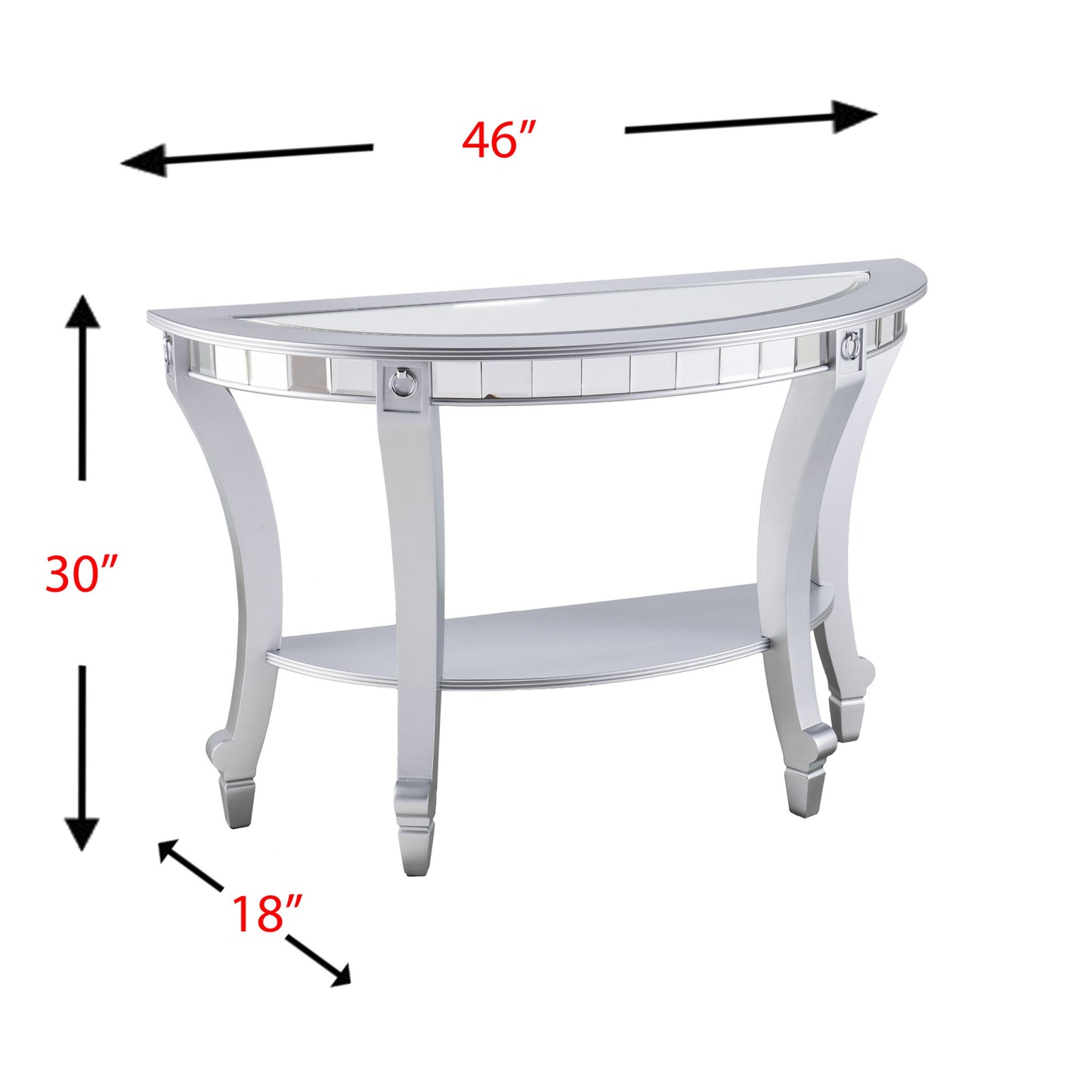 46" Silver Mirrored Glass Half Circle Console Table With Storage