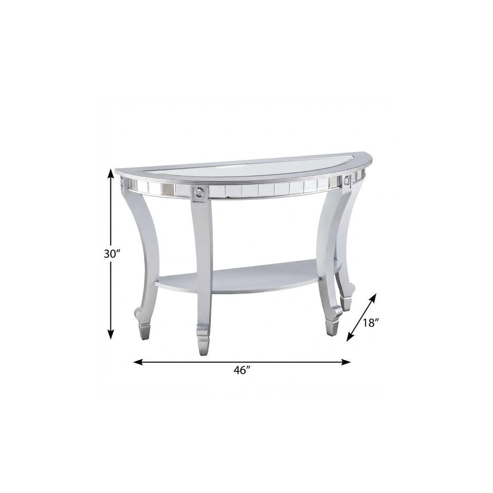46" Silver Mirrored Glass Half Circle Console Table With Storage