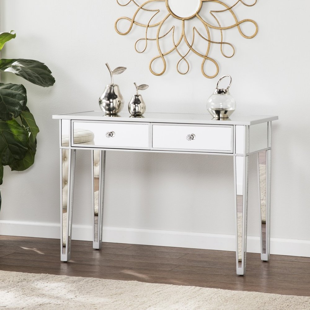 40" silver mirrored glass console table with drawers
