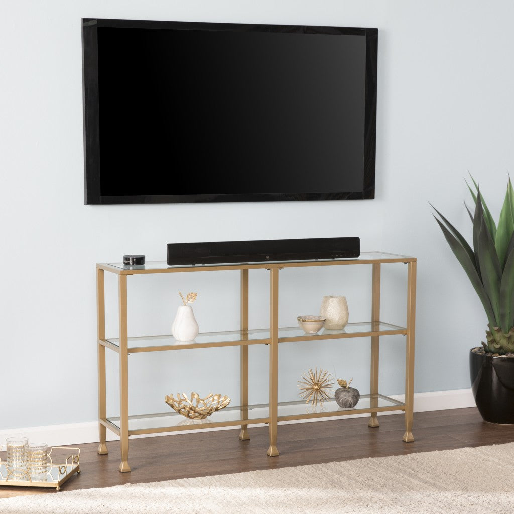 49" Clear and Gold Glass Floor Shelf Console Table With Storage