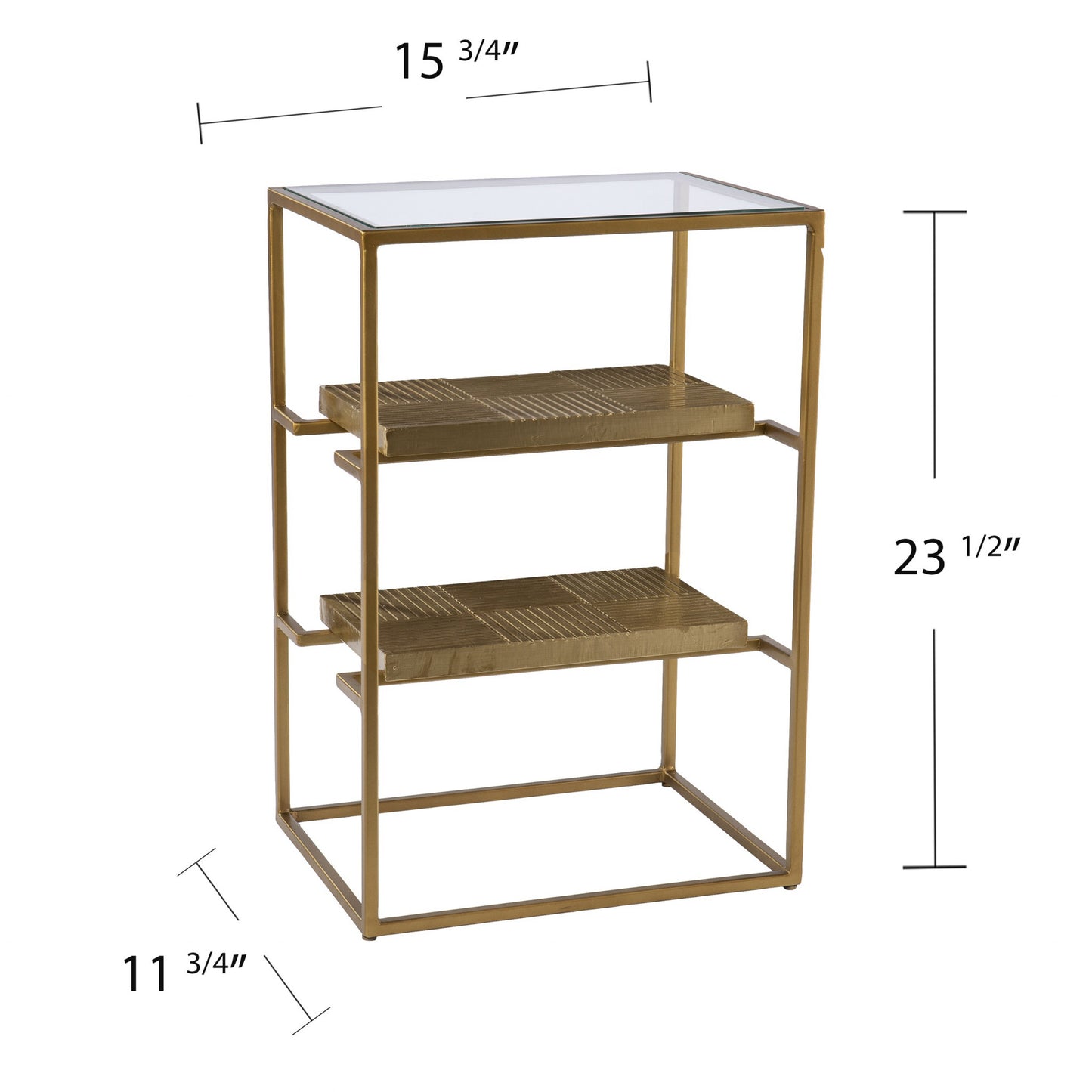 24" Brass Glass And Iron Rectangular End Table With Two Shelves