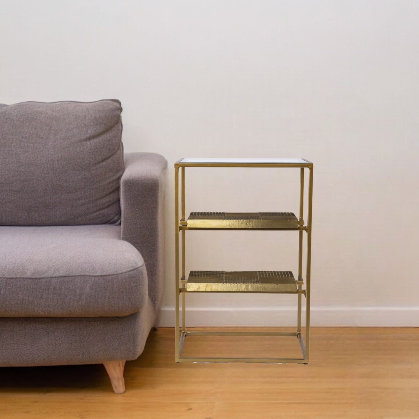 24" Brass Glass And Iron Rectangular End Table With Two Shelves